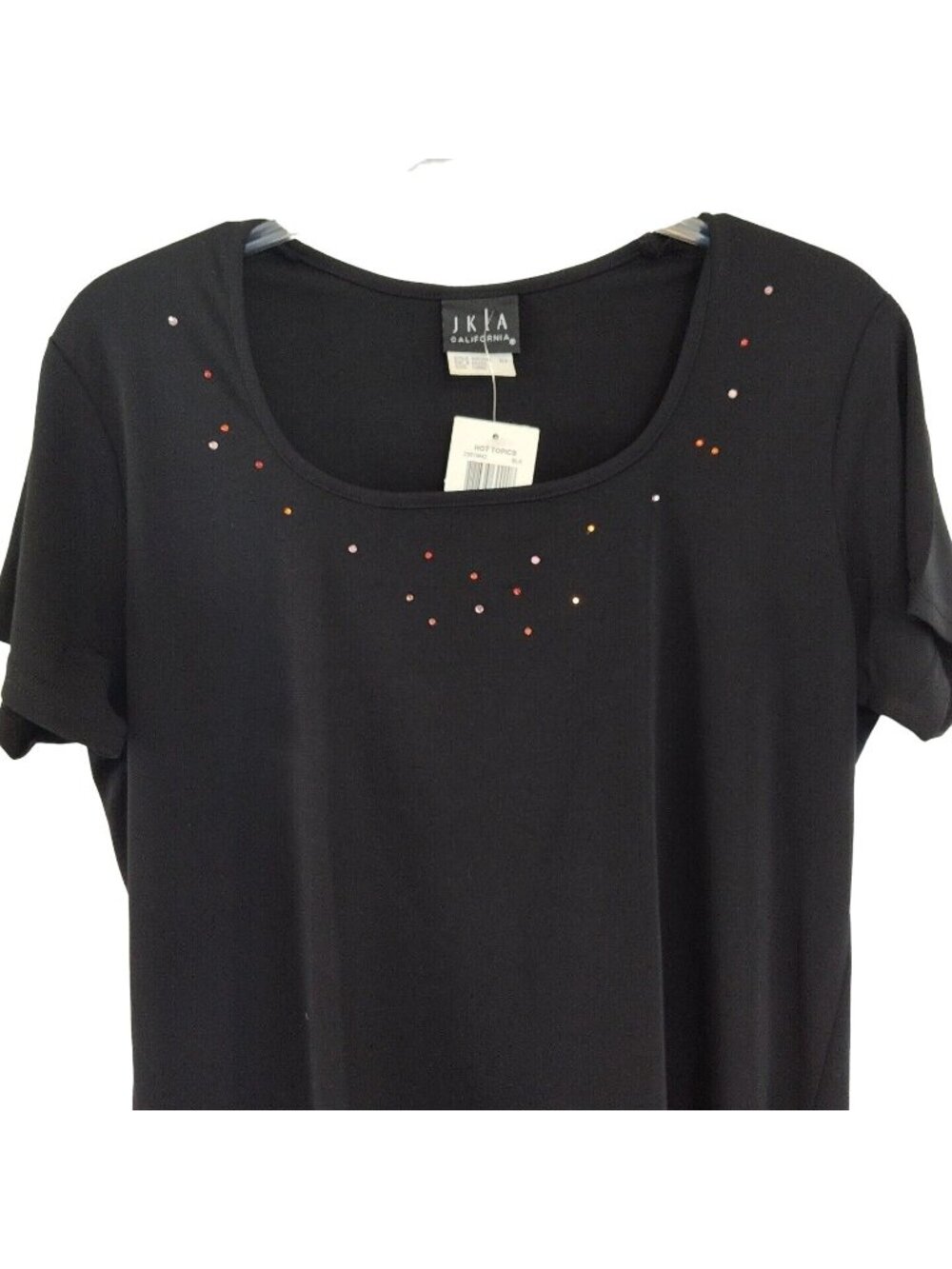 JKLA California Top Shirt Jewel Neckline Women Size L Black Short Sleeve NEW